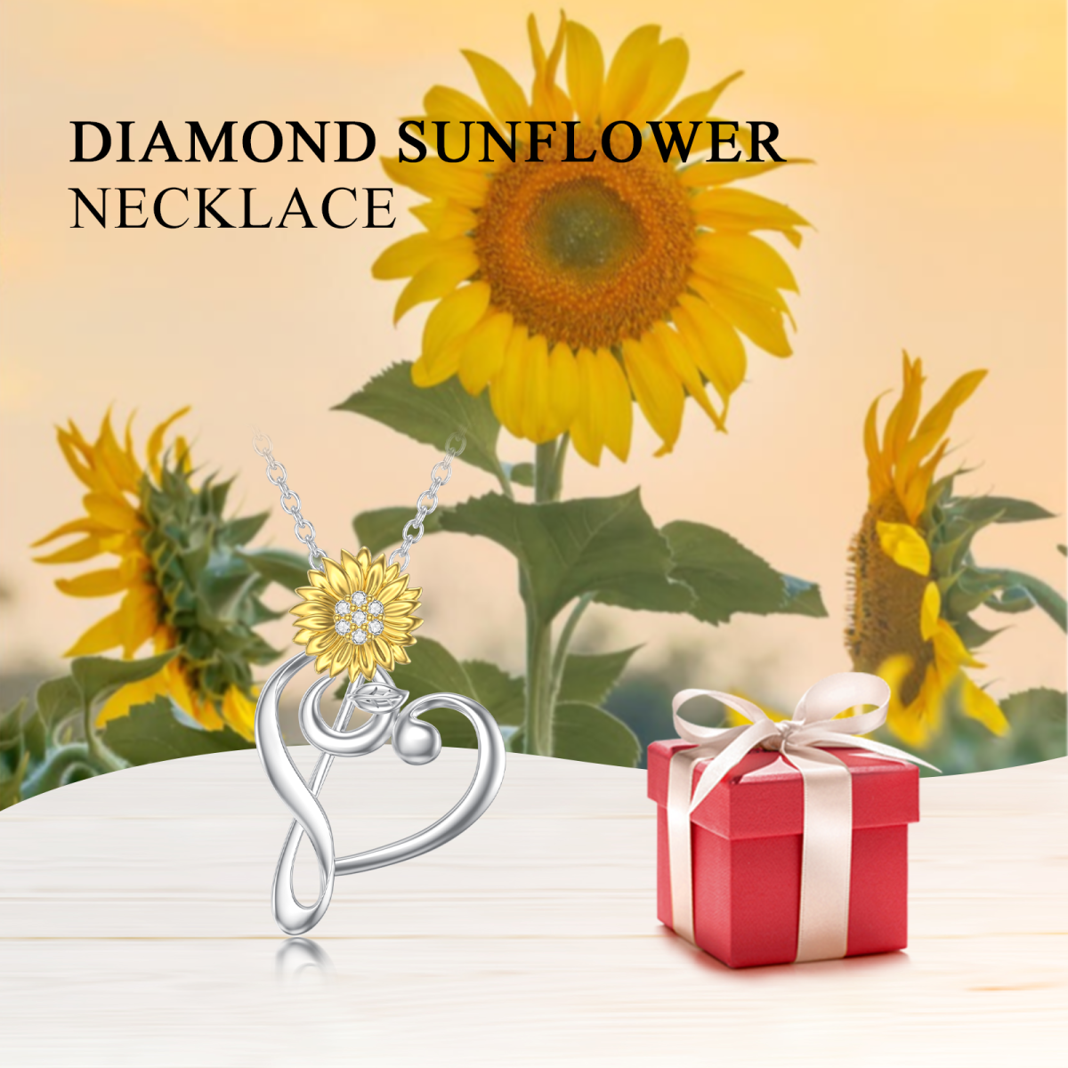 Sterling Silver Two-tone Round Lab Created Diamond Sunflower & Heart & Music Symbol Pendant Necklace-6