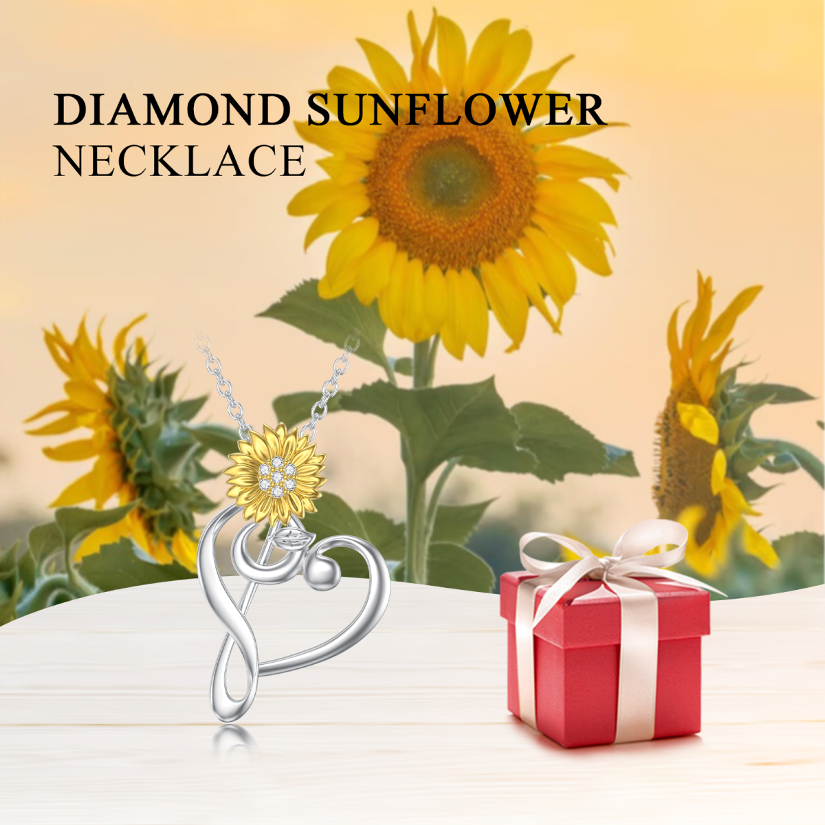 Collier en argent sterling avec pendentif fleur de tournesol, cœur et symbole de musique e-6