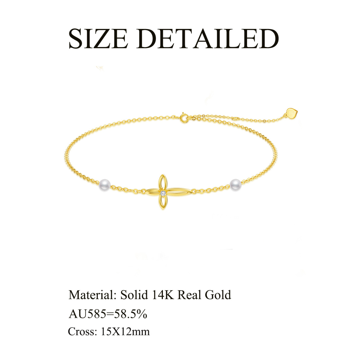 14K Gold Cubic Zirkonia & Perle Kreuz-Anhänger-Armband-5