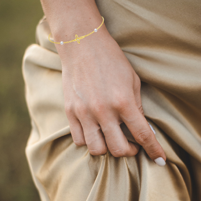 Pulsera de oro de 14 quilates con circonita cúbica y perla con colgante en forma de cruz-1