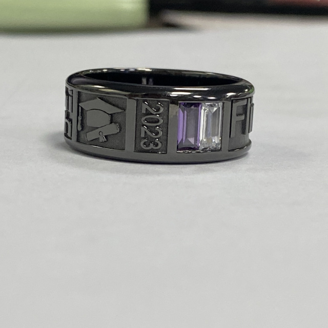 Anillo de plata de ley con circonita cuadrada de color rodio negro con piedra natal personalizada con grabado personalizado para hombres-8