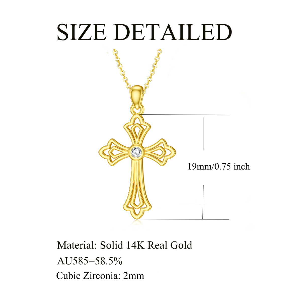 14K Oro Cúbico Redondo Zirconia Cruz Colgante Collar-6