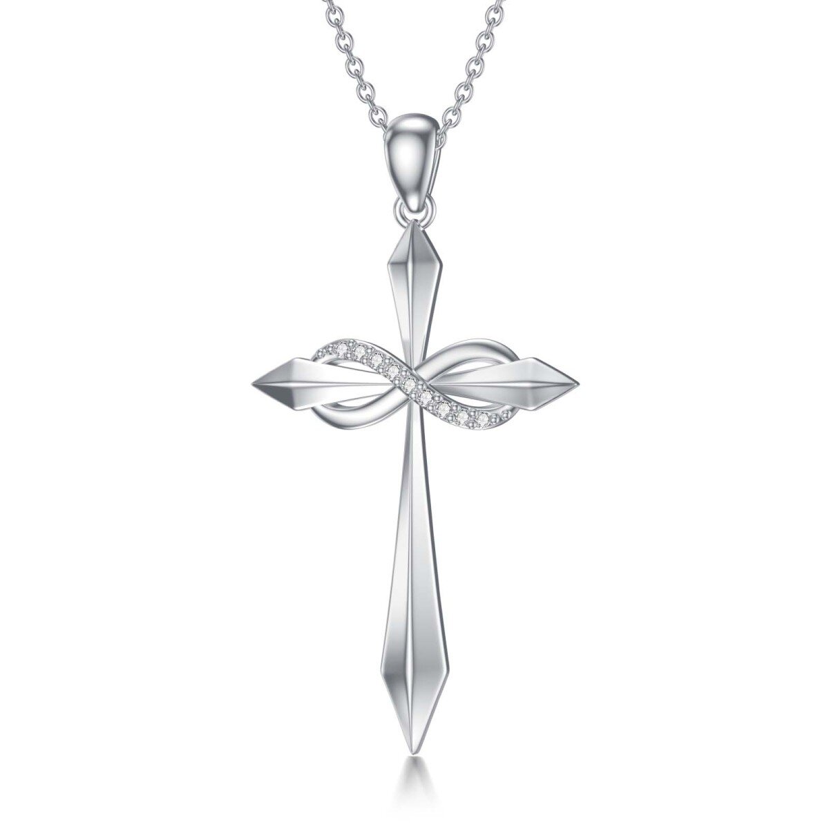 Sterling Silver Round Diamond Cross & Infinity Symbol Pendant Necklace-1