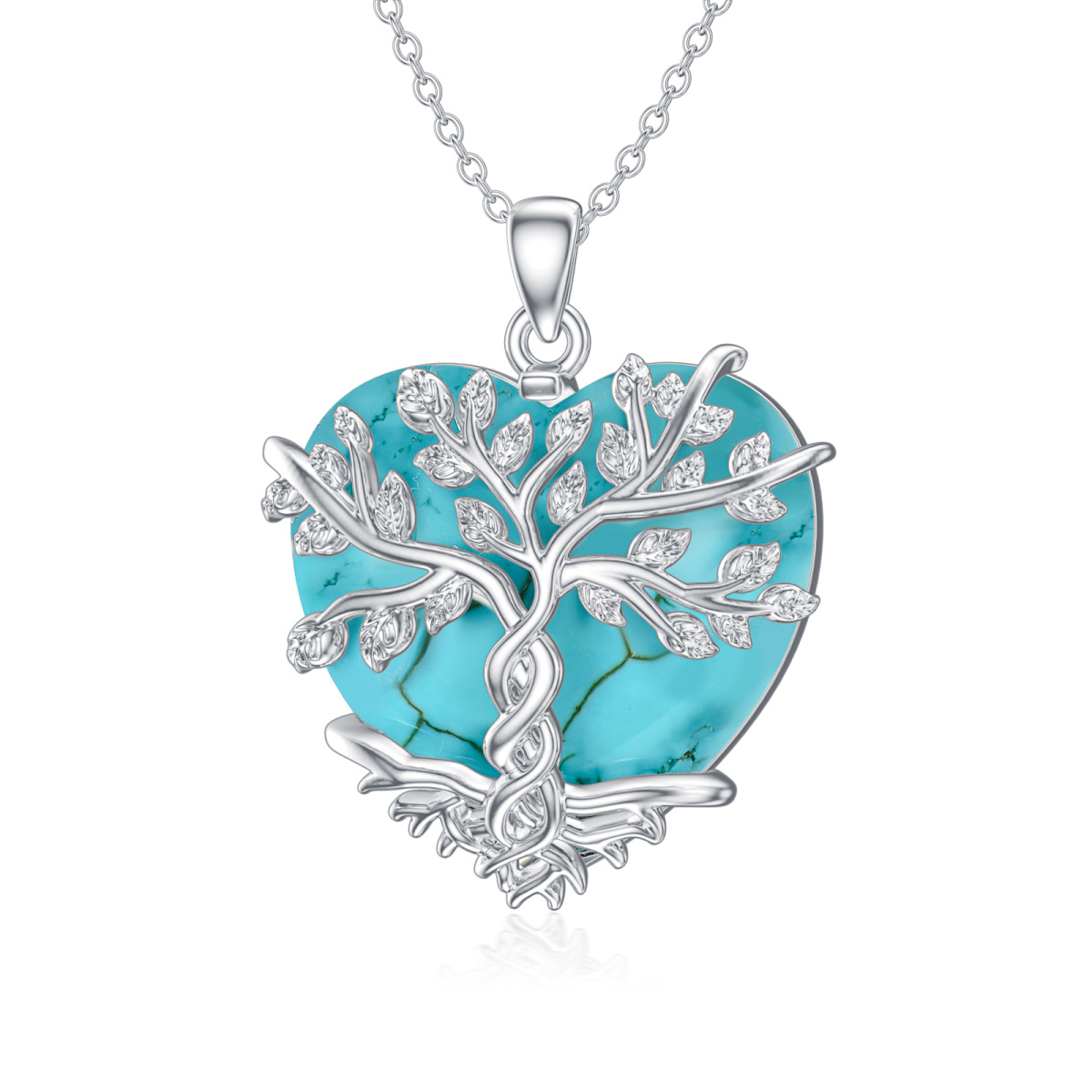 Sterling Silver Heart Shaped Turquoise Tree Of Life & Heart Pendant Necklace-1