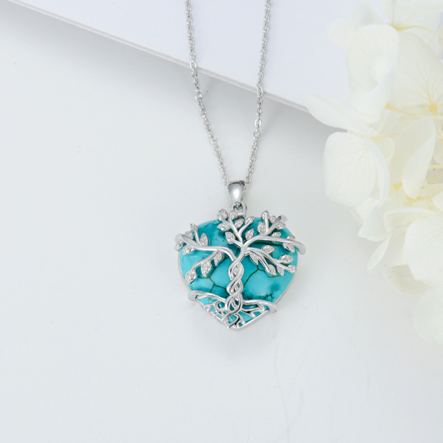 Sterling Silver Heart Shaped Turquoise Tree Of Life & Heart Pendant Necklace-3