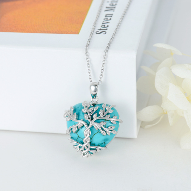 Sterling Silver Heart Shaped Turquoise Tree Of Life & Heart Pendant Necklace-2