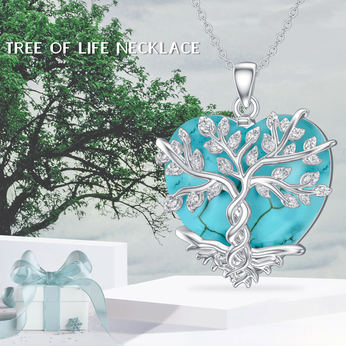 Sterling Silver Heart Shaped Turquoise Tree Of Life & Heart Pendant Necklace-6