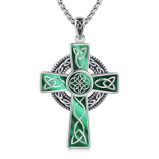 Unisex Sterling Silver Malachite Celtic Knot & Cross Pendant Necklace