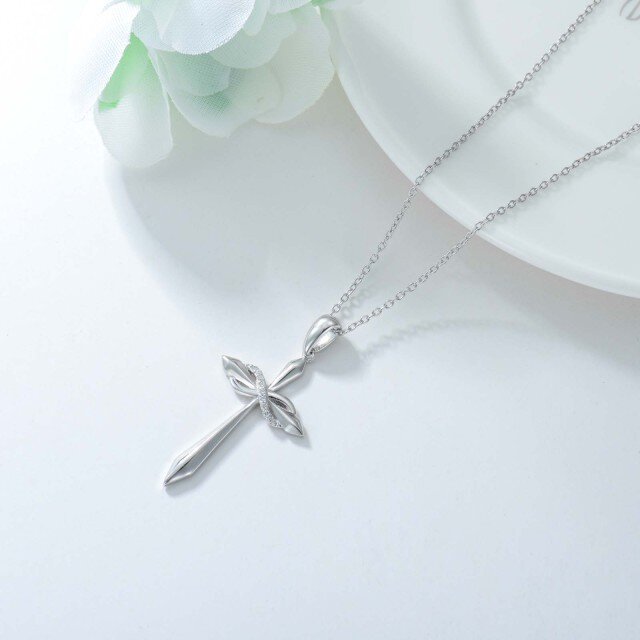 Sterling Silver Round Diamond Cross & Infinity Symbol Pendant Necklace-3