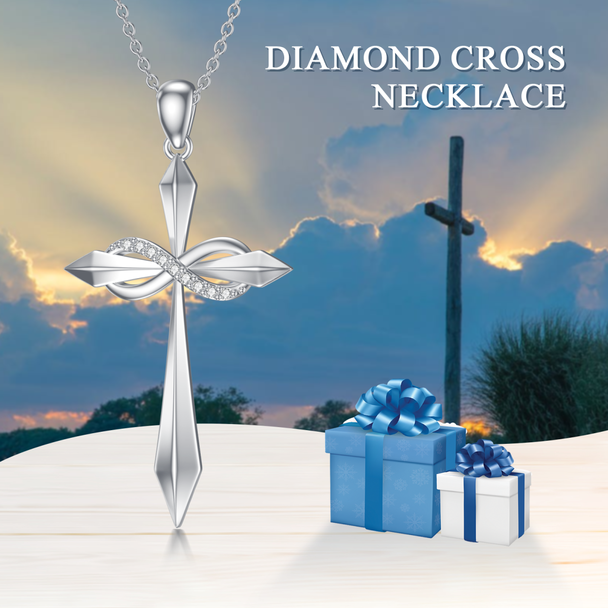 Sterling Silver Round Diamond Cross & Infinity Symbol Pendant Necklace-6