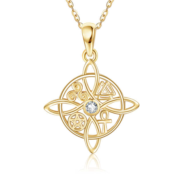 Collier à pendentif nœud de sorcière en or 14K à zircon cubique-0