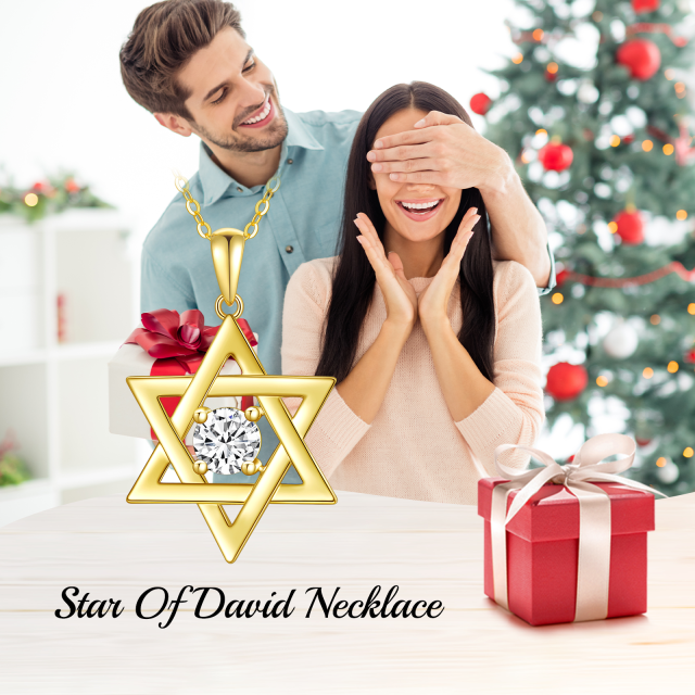 14K Gold Round Moissanite Star Of David Pendant Necklace-4