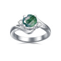 wholesale 925 Sterling Silver Ring Green Moss Agate Round Center Stone Cubic Zirconia Accent Wave Band-0-0