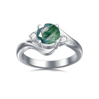 wholesale 925 Sterling Silver Ring Green Moss Agate Round Center Stone Cubic Zirconia Accent Wave Band-US # 4