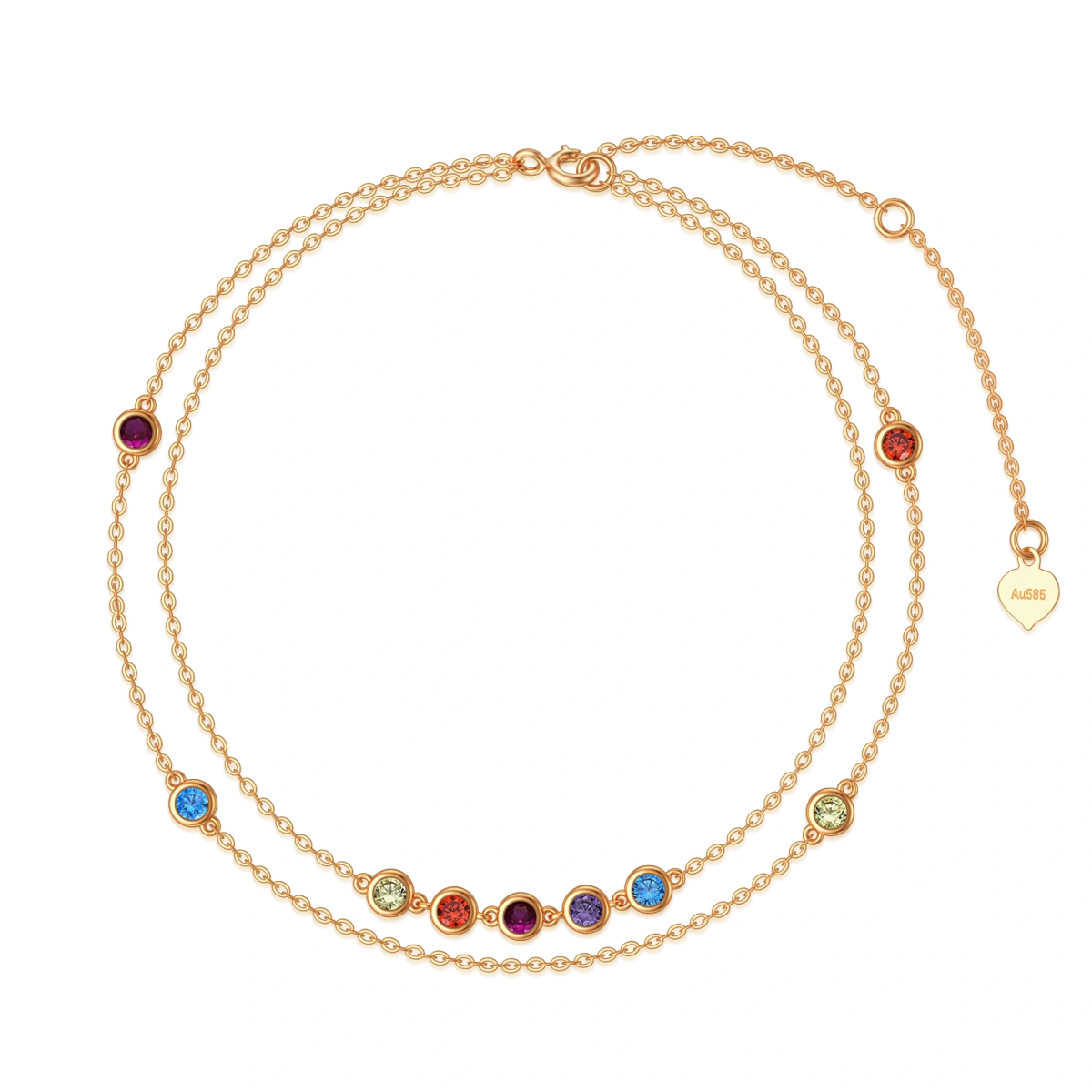 14K Gold Circular Shaped Cubic Zirconia Chakras Multi-layered Anklet-1