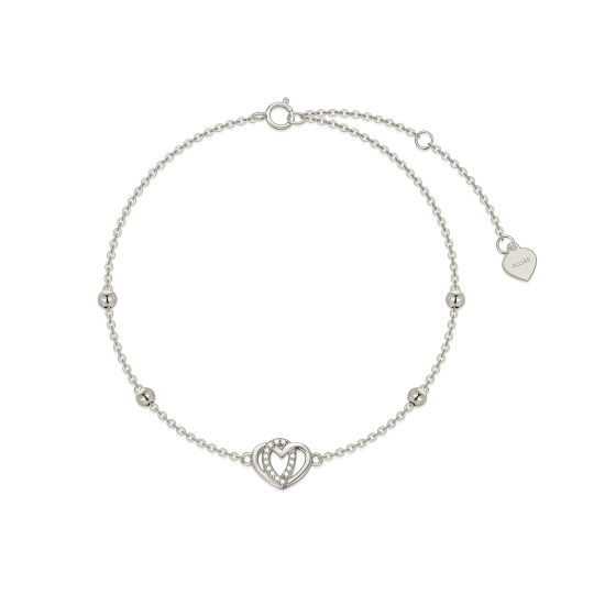 Bracelet de cheville simple couche en forme de cœur et de zircons en or 14 carats