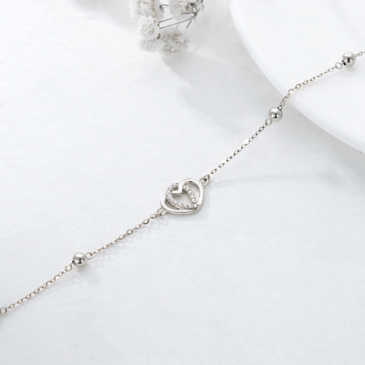 Bracelet de cheville simple couche en forme de cœur et de zircons en or 14 carats-4