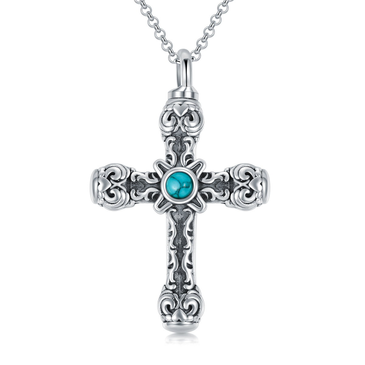 Sterling Silver Circular Shaped Turquoise Cross Urn Necklace for Ashes-1