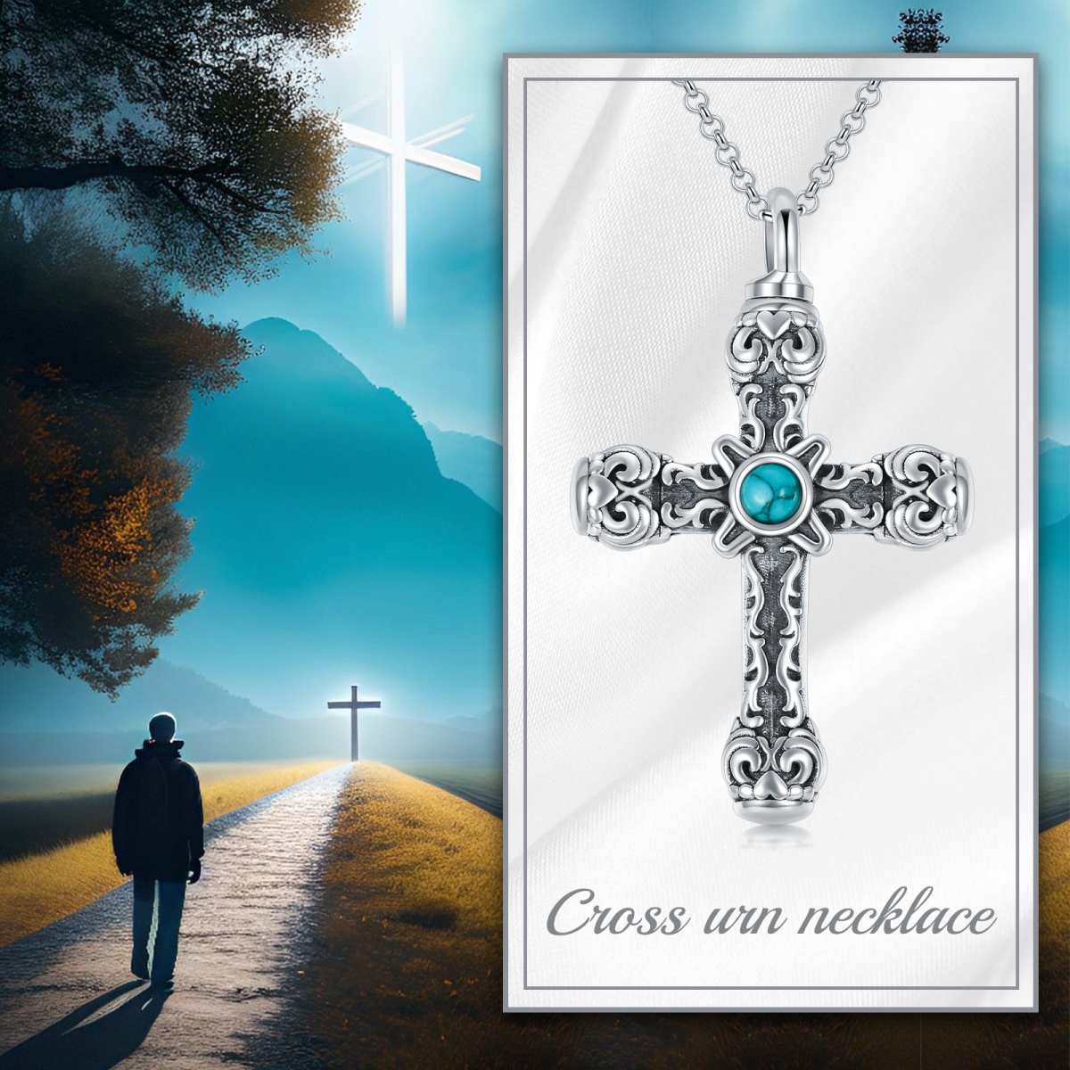 Sterling Silver Circular Shaped Turquoise Cross Urn Necklace for Ashes-6