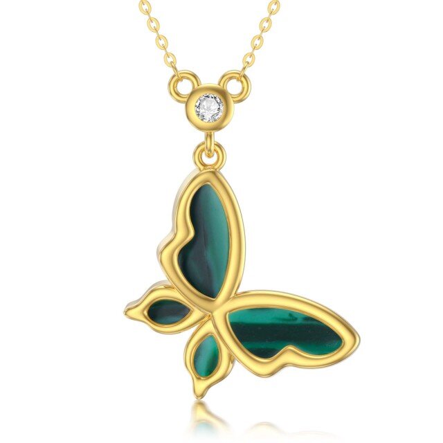 14K Gold Moissanite & Malachite Butterfly Pendant Necklace-3