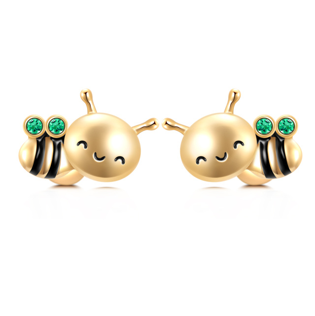 14K Yellow Gold Circular Cubic Zirconia Bee Stud Earrings-1