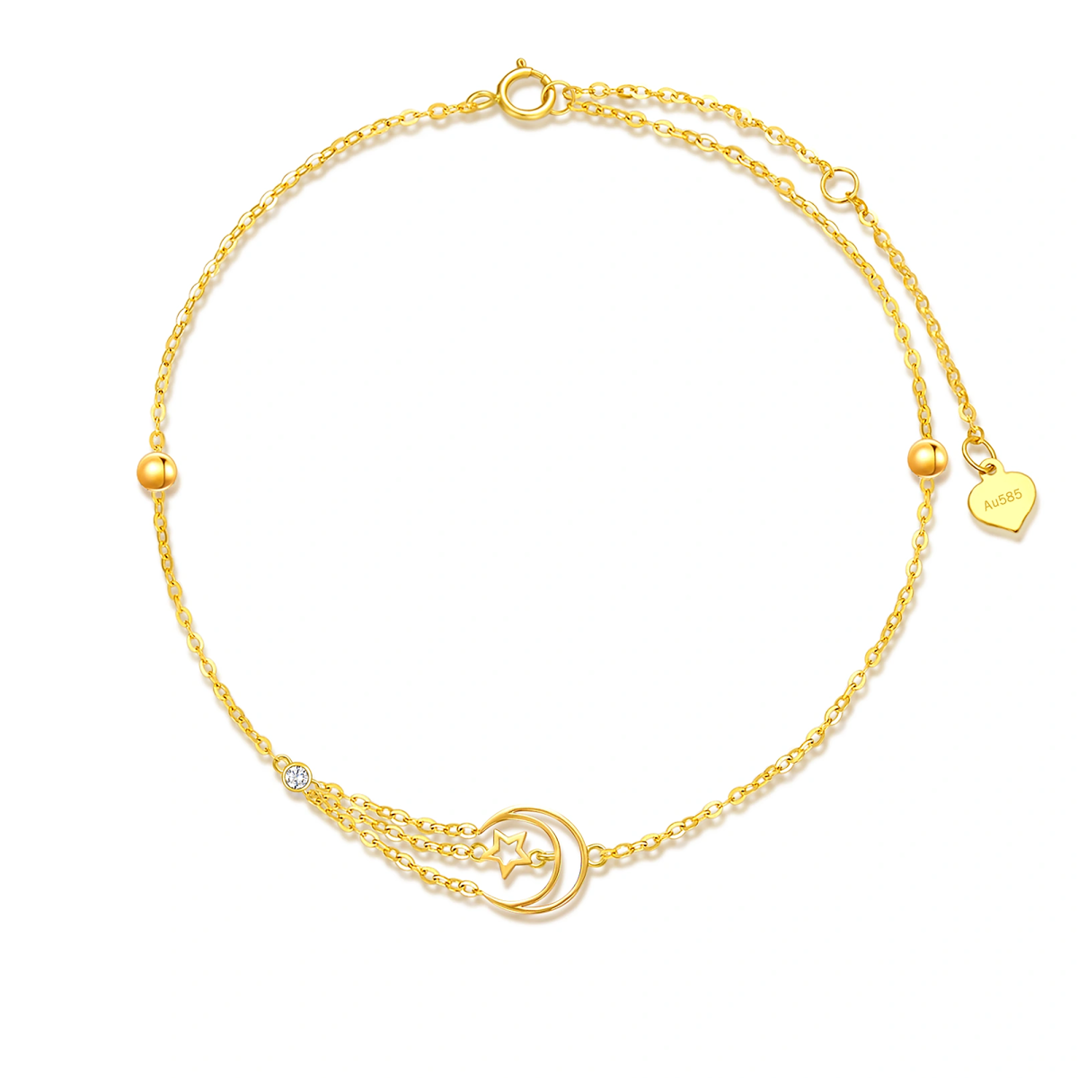 14K Gold Circular Shaped Cubic Zirconia Moon & Star Single Layer Anklet-1