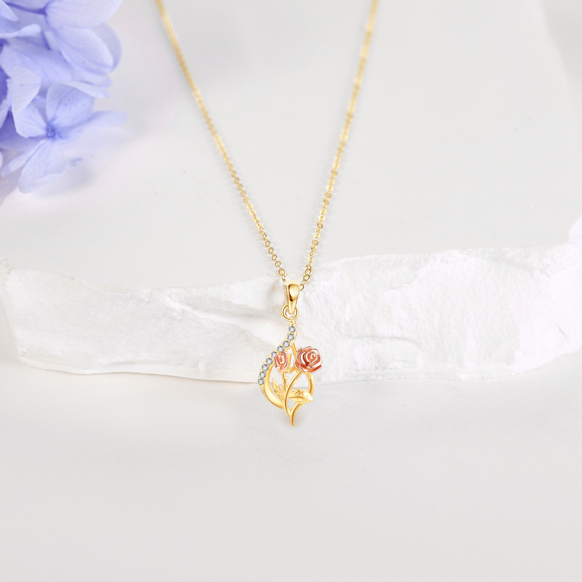 14K Gold Circular Shaped Cubic Zirconia Rose Pendant Necklace-3