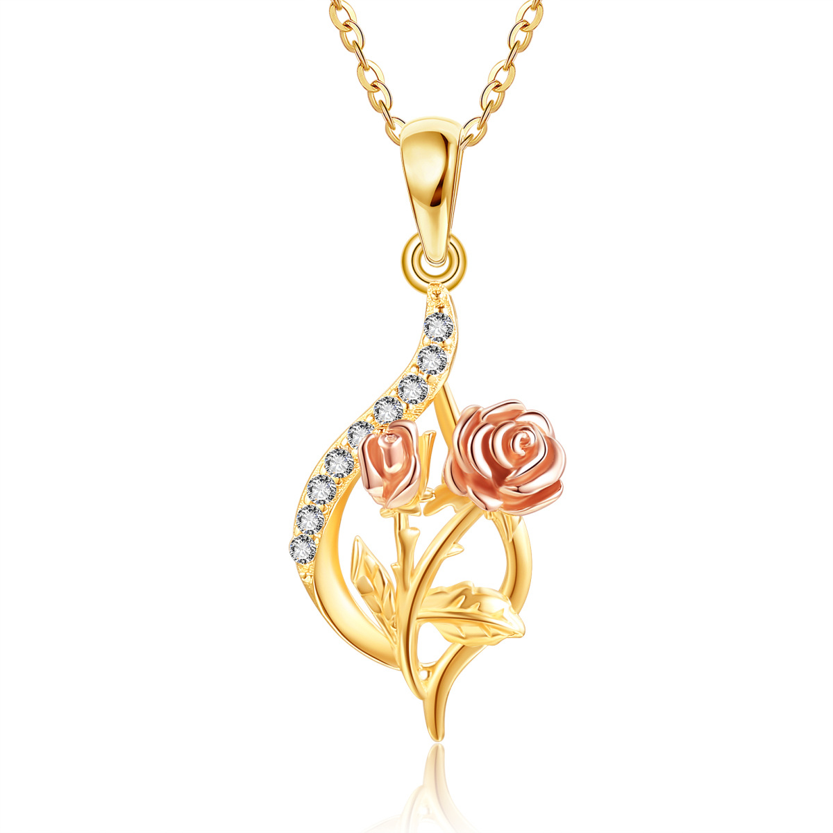 14K Gold Circular Shaped Cubic Zirconia Rose Pendant Necklace-1