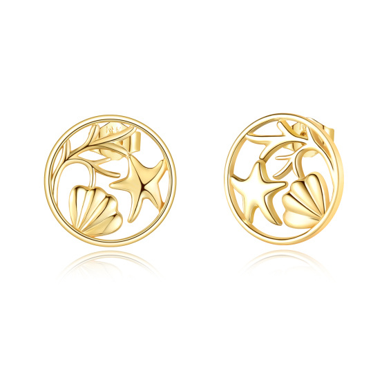 14K Yellow Gold Starfish & Shell Seaweed Stud Earrings