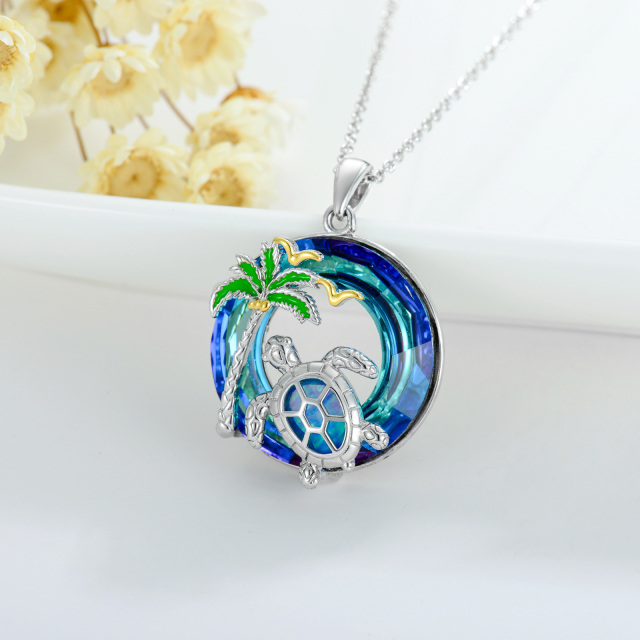 Sterling Silver Two-tone Sea Turtle & Coconut Tree Crystal Pendant Necklace-2