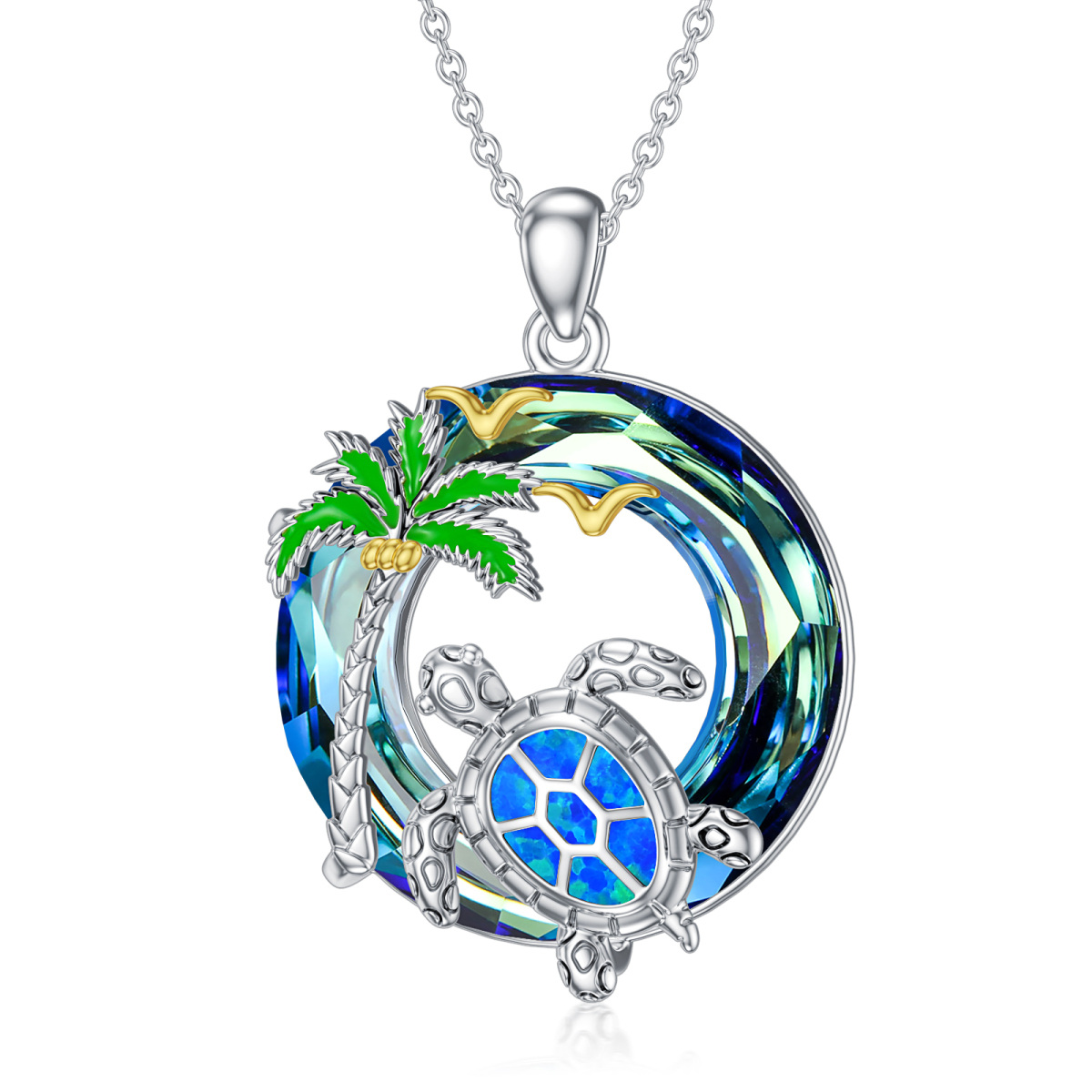 Sterling Silver Two-tone Sea Turtle & Coconut Tree Crystal Pendant Necklace-1
