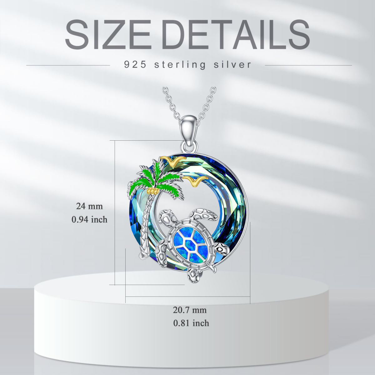 Sterling Silver Two-tone Sea Turtle & Coconut Tree Crystal Pendant Necklace-5