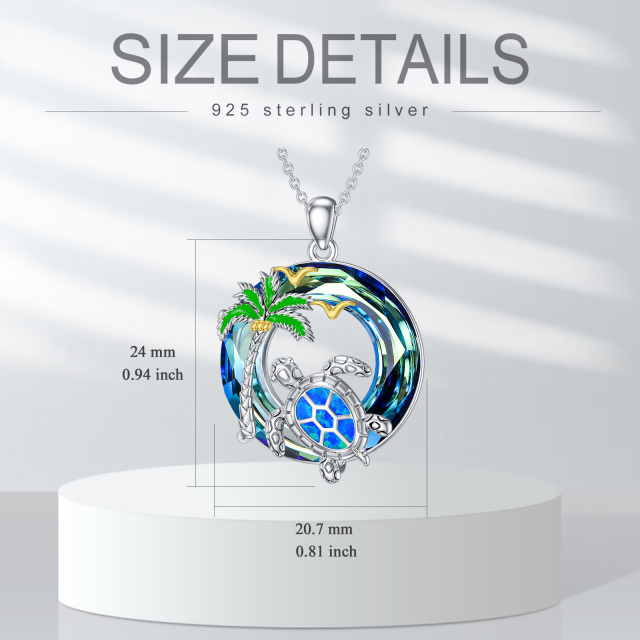 Sterling Silver Two-tone Sea Turtle & Coconut Tree Crystal Pendant Necklace-4