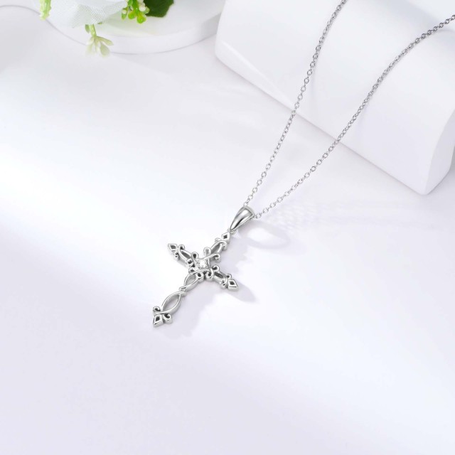 Sterling Silver Round Lab Created Diamond Cross Pendant Necklace-3