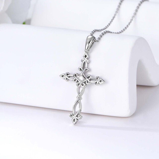 Sterling Silver Round Lab Created Diamond Cross Pendant Necklace-2
