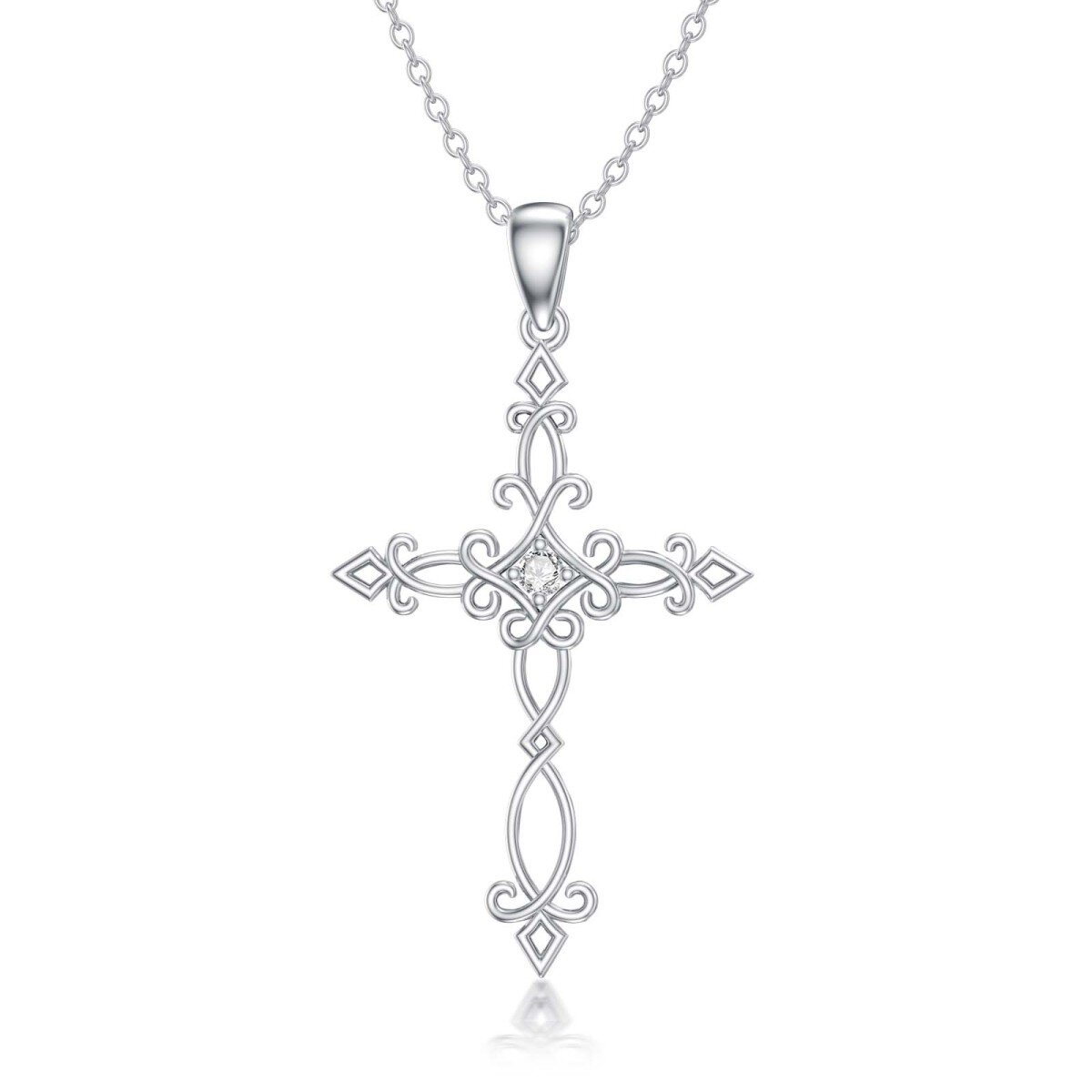 Sterling Silber Runde Labor erstellt Diamant Kreuz Anhänger Halskette-1