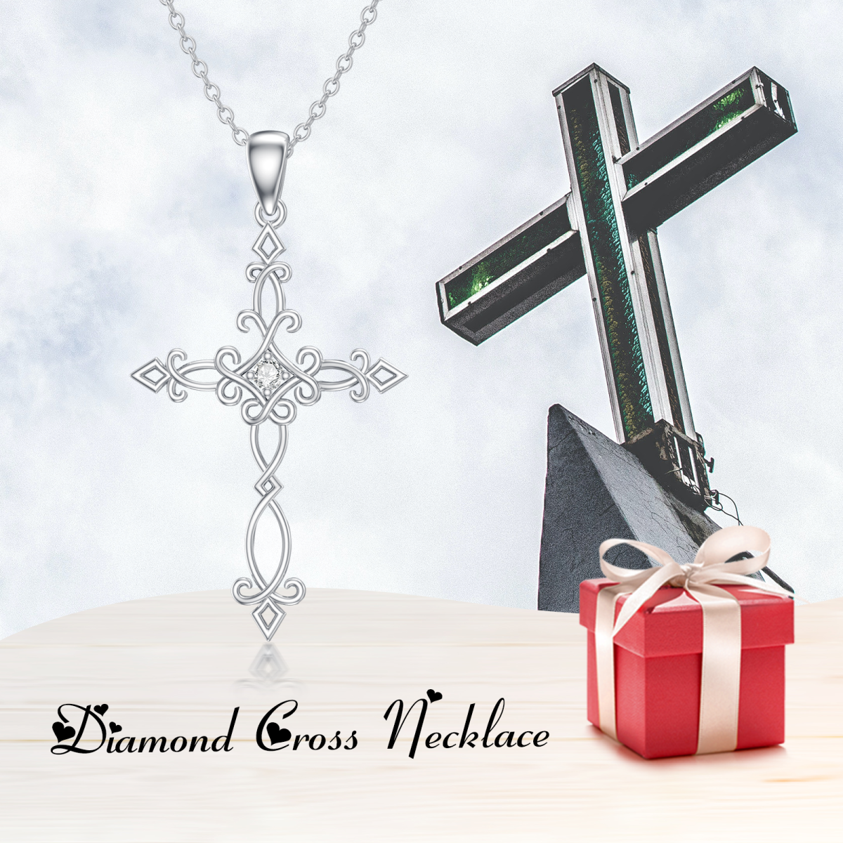 Sterling Silver Round Lab Created Diamond Cross Pendant Necklace-6