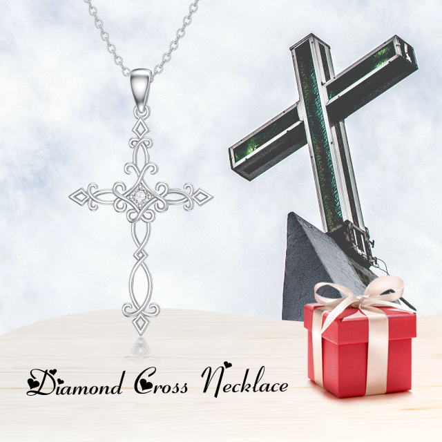 Sterling Silver Round Lab Created Diamond Cross Pendant Necklace-5