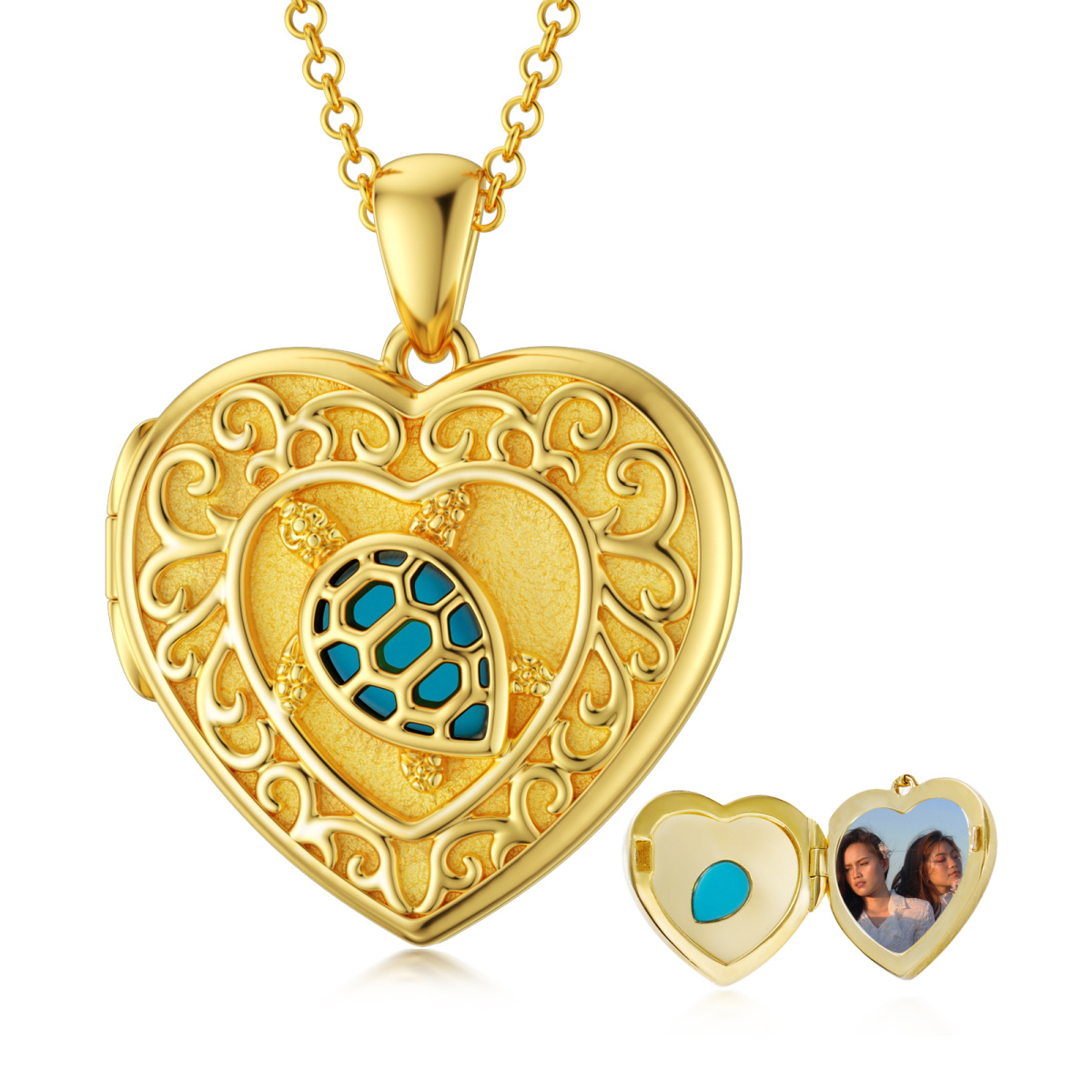 10K Gold Turquoise Personalized Photo & Heart Personalized Photo Locket Necklace-1