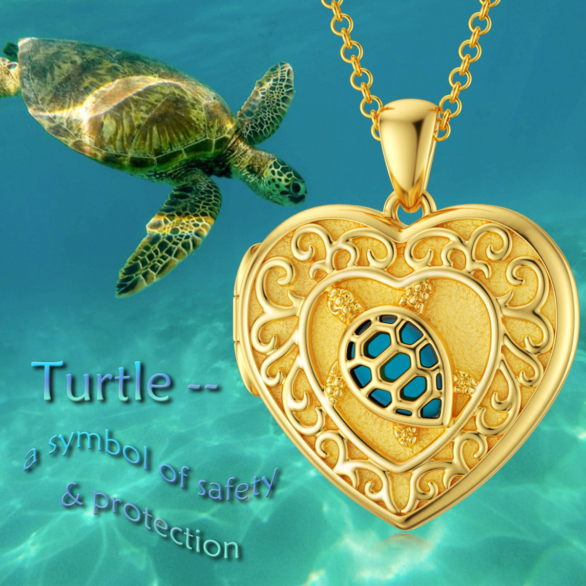 10K Gold Turquoise Personalized Photo & Heart Personalized Photo Locket Necklace-7
