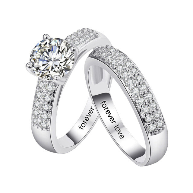 Sterling Silver Round Zircon Couple Couple Rings-0