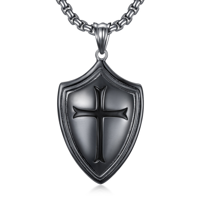 Sterling Silver with Black Rhodium Color Cross & Shield Pendant Necklace-2