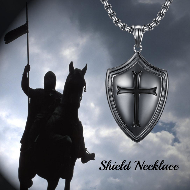 Sterling Silver with Black Rhodium Color Cross & Shield Pendant Necklace-5