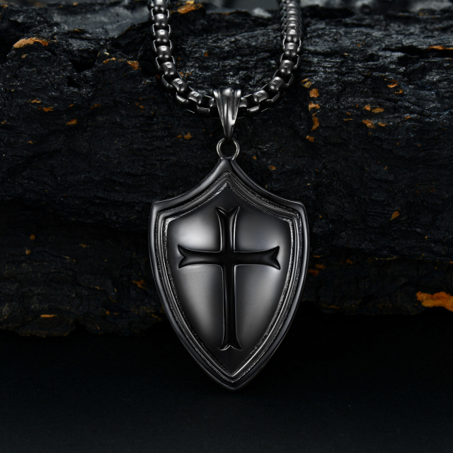 Sterling Silver with Black Rhodium Color Cross & Shield Pendant Necklace-4