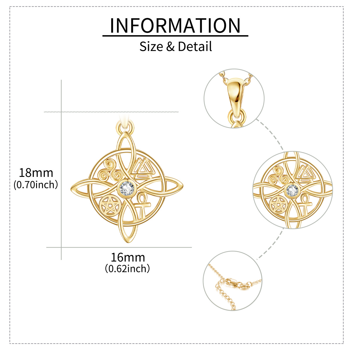 Collar de oro de 14 quilates de circonio cúbico nudo de bruja colgante-6