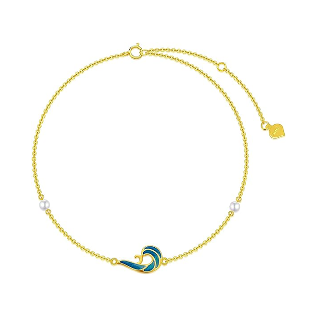 14k Gold Pearl Blue Wave Spray Single Layered Charm Anklet Party Birthday Gift For Women-0