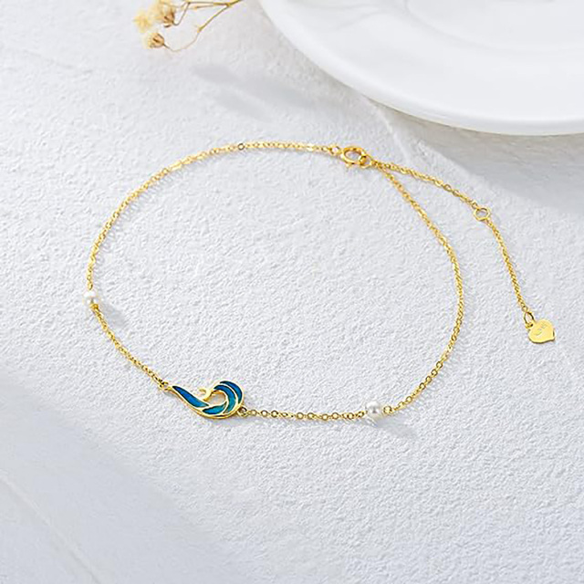 14k Gold Pearl Blue Wave Spray Single Layered Charm Anklet Party Birthday Gift For Women-2