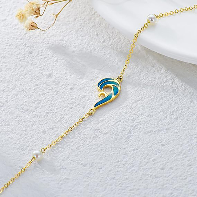 Tobillera de oro de 14 quilates con diseño de ondas azules y perlas de una sola capa, regalo de cumpleaños para mujeres-3