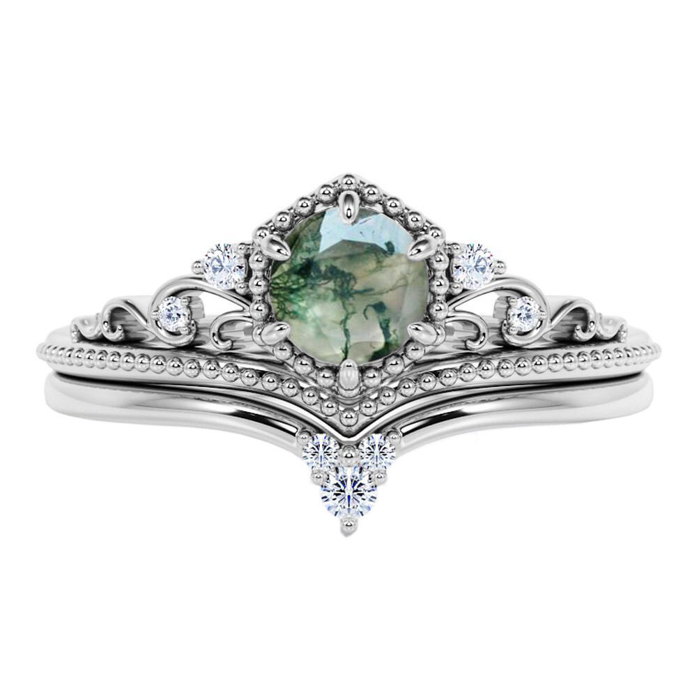 Sterling Silver Moss Agate Classic Name Engagement Ring-1