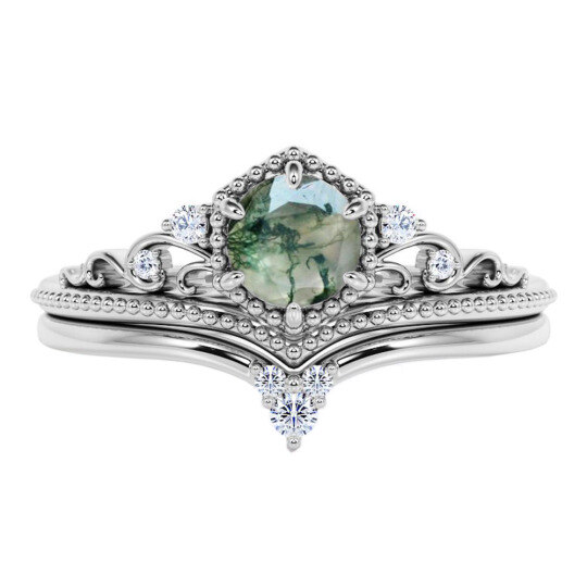 0.5-0.8ct Natural Green Moss Agate Solitaire 925 Silver Crown Personalized Engagement Ring